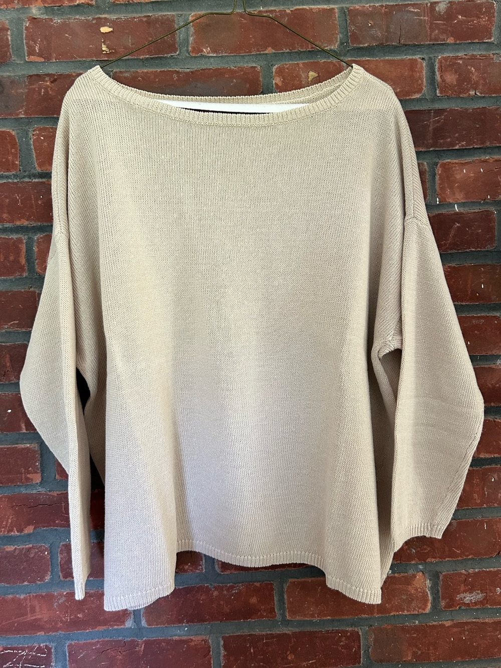 Eileen Fisher Neutral Linen & Cotton Beige Off-the-Shoulder Knit Sweater